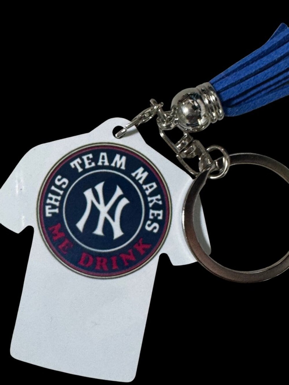 NY Yankees 'This Team Makes Me Drink' Jersey-Shaped Metal Keychain with Blue Tas